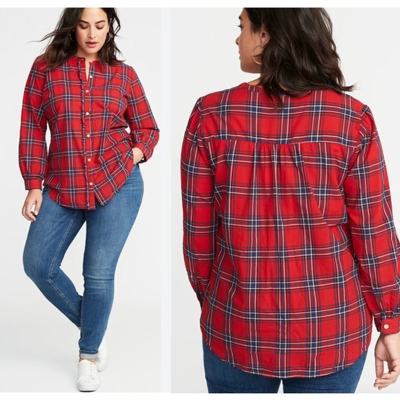 Old Navy Red Blue Plaid Tartan Ruffle Button Trim Long Sleeve Shirt zXL - Picture 15 of 15